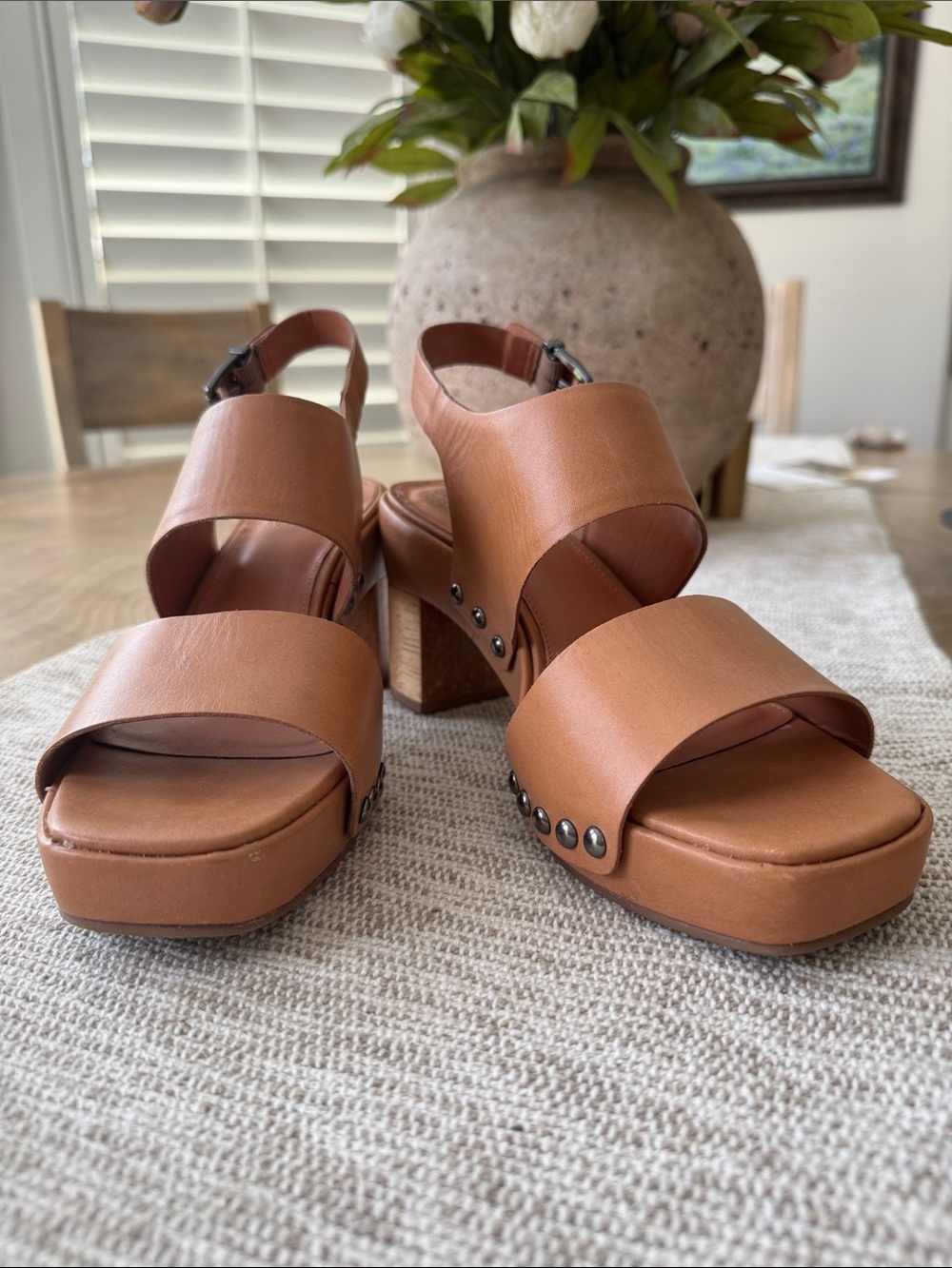 Vince Camuto Cognac Leather Platform Sandals with Stud Accents